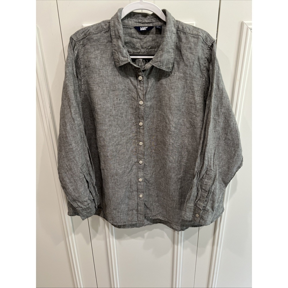 Lands End Gray Linen Button‎ Up Shirt Size 2X 20W-22W Resort Beach Minimalist